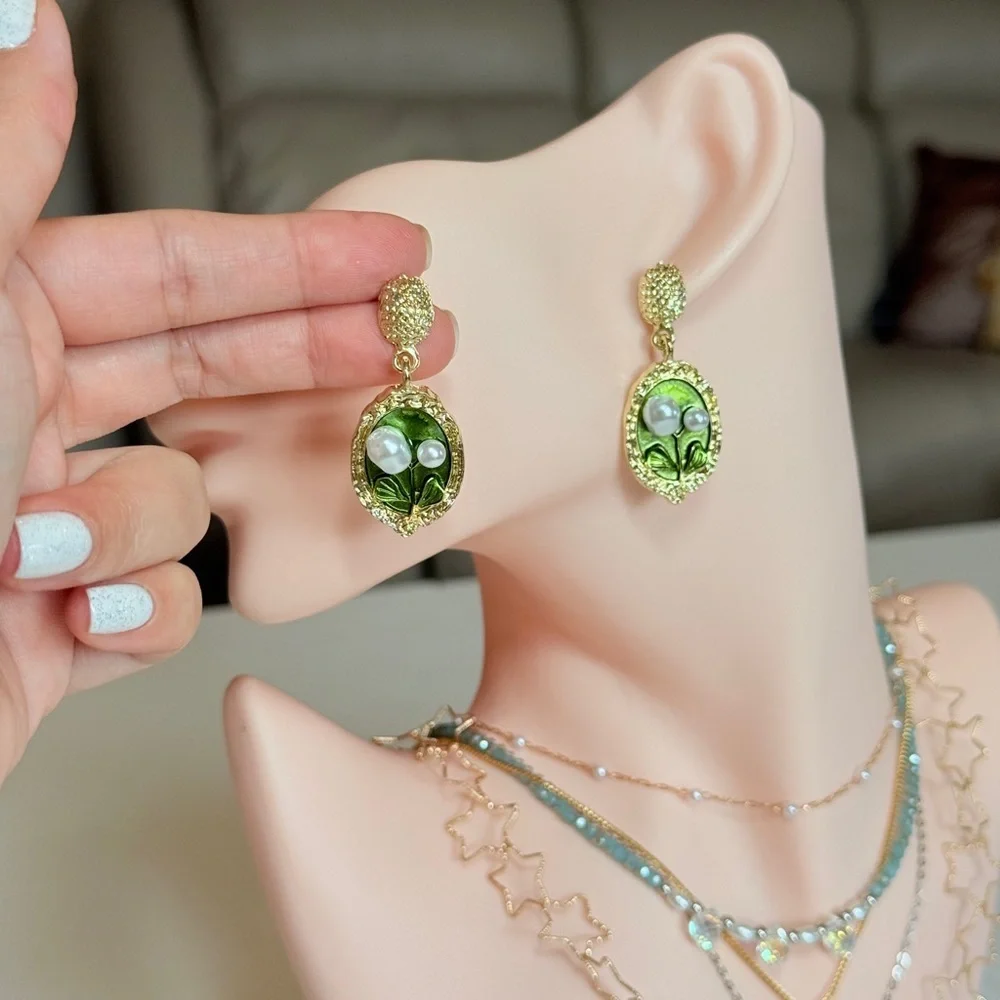 Gold-Tone Green Floral Pearl Drop Earrings